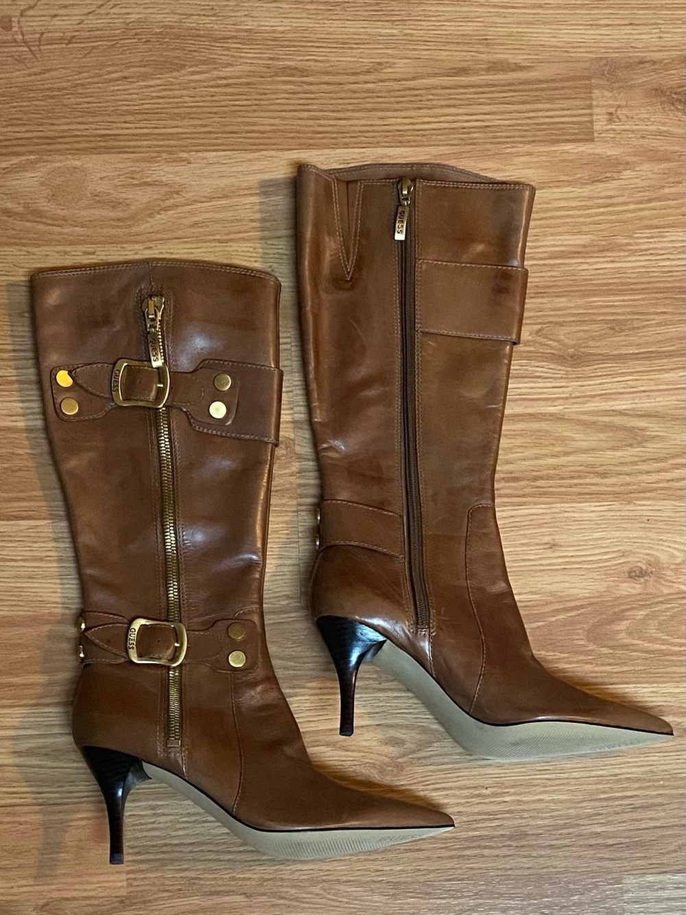 Brand New - GUESS Brown Leather Pointed-Toe Mid-Calf Heeled Boots